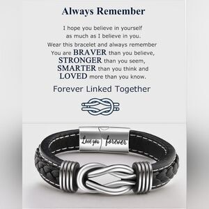 🔹️NIB Black "Always Remember" Braided Leather Infinity Knot Cuff Bracelet 8.5"